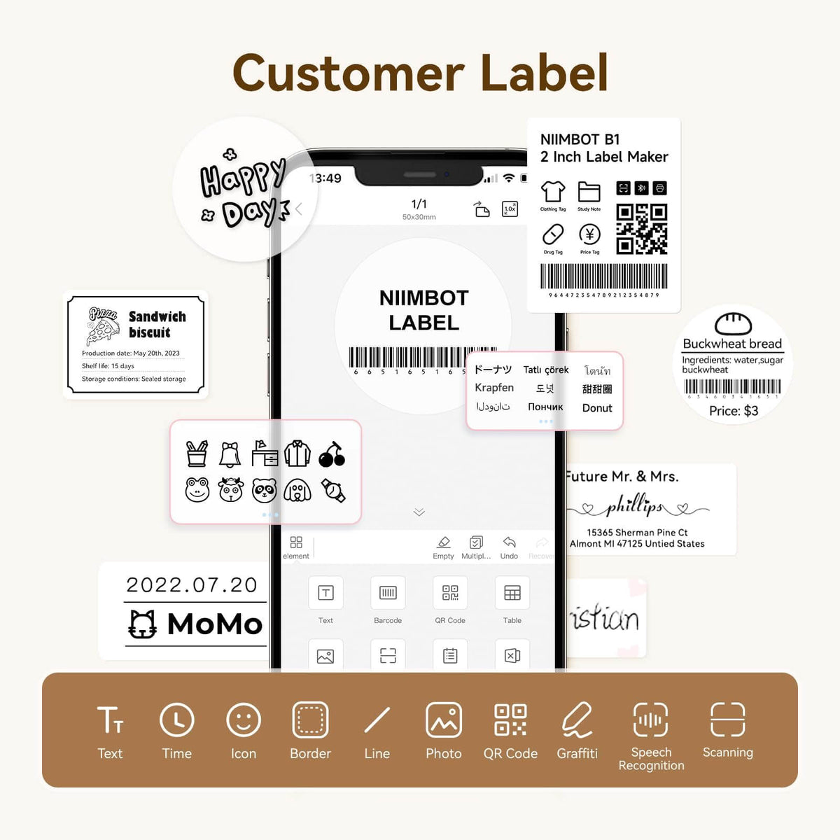 NIIMBOT App label editing interface, DIY custom clear labels with text, icons, QR codes and barcode for B1 B21 B3S label printer