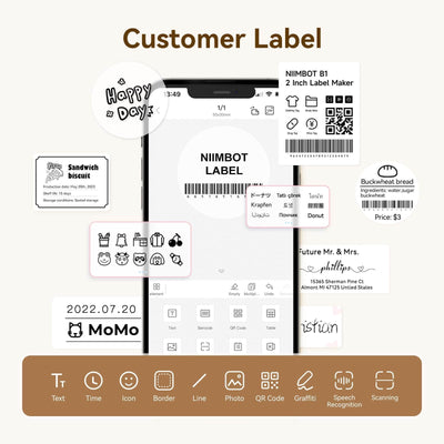 NIIMBOT App label editing interface, DIY custom clear labels with text, icons, QR codes and barcode for B1 B21 B3S label printer