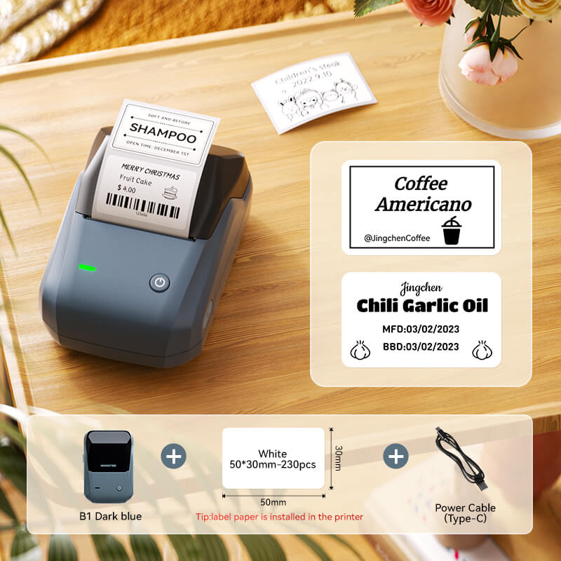 NIIMBOT B1 Dark Blue Mini Bluetooth Thermal Label Printer Bundle, Comes with 50*30mm Label Stickers and Type-C Charging Cable