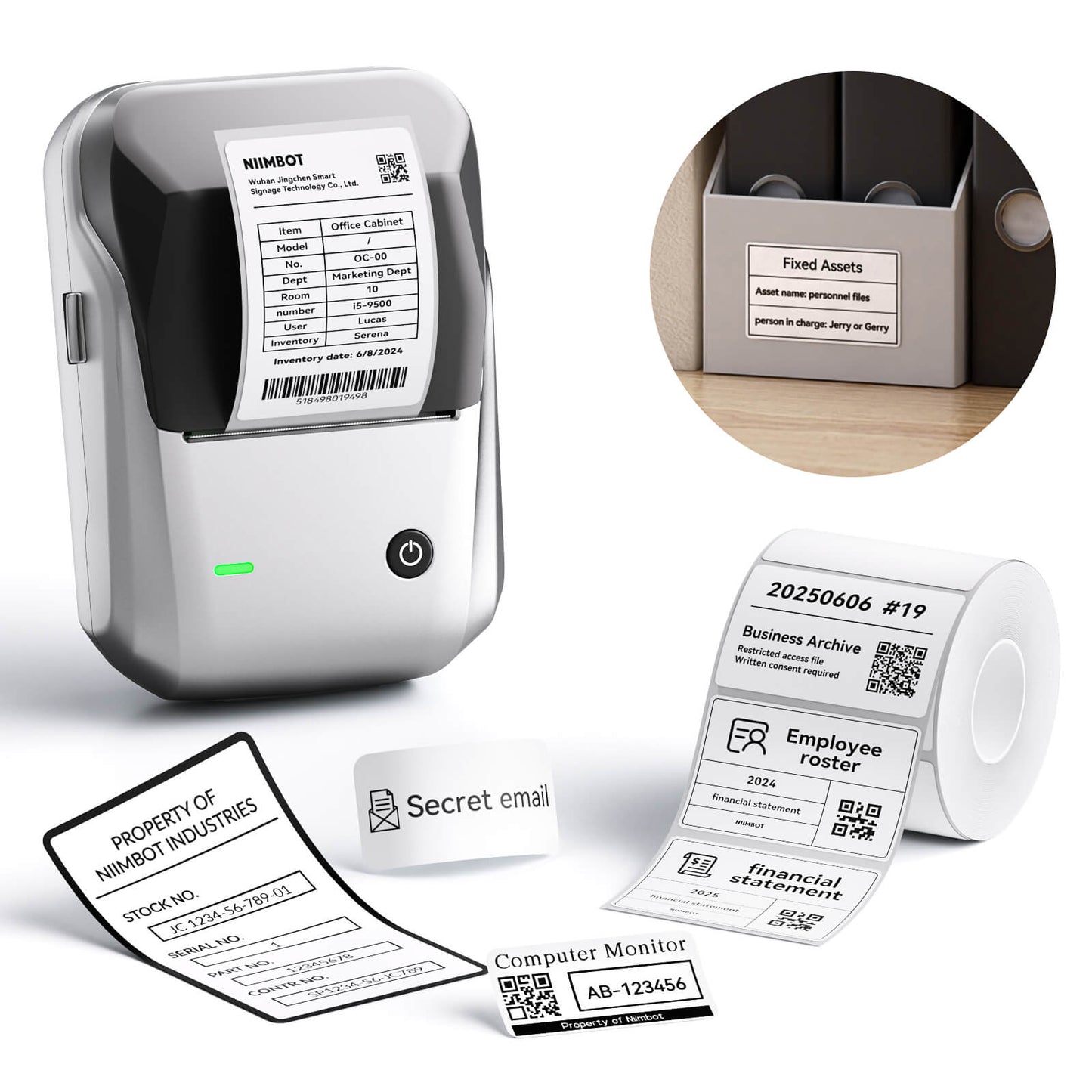 NIIMBOT B1 Office Label Printer — 2" Thermal Inkless Label Maker for File Folders, Asset Tags, Cable Management & Admin Supplies