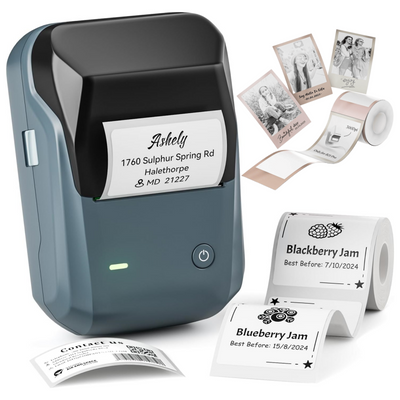 NIIMBOT B1 Pro 300DPI Portable Bluetooth Thermal Label Printer Lake Blue, with various printed labels display
