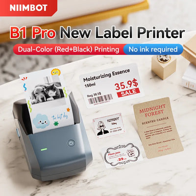 NIIMBOT B1 Pro label printer main promotional banner, dual-color red and black printing, ink-free thermal printing with various finished label samples