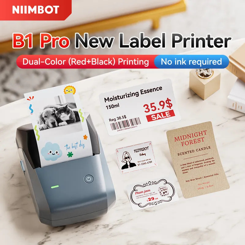 NIIMBOT B1 Pro label printer main promotional banner, dual-color red and black printing, ink-free thermal printing with various finished label samples