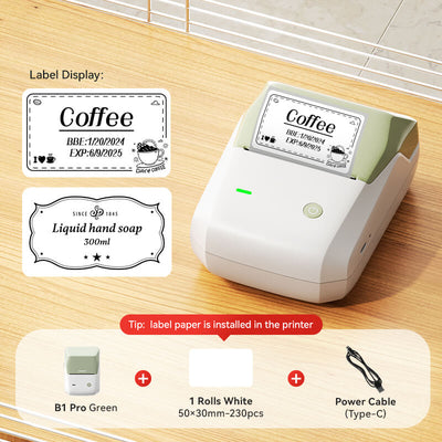 NIIMBOT B1 Pro Green label printer package accessories display with storage classification label samples