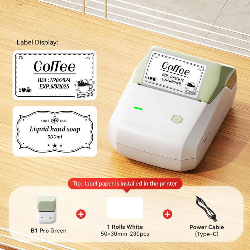 NIIMBOT B1 Pro Green label printer package accessories display with storage classification label samples