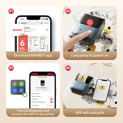 4 steps to use NIIMBOT B1 Pro label printer, bluetooth connect via Niimbot mobile app