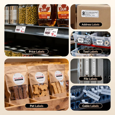 NIIMBOT B1 Pro label printer commercial application collage, including price labels, address labels, tool labels, pet food packaging labels, file labels and cable identification labels