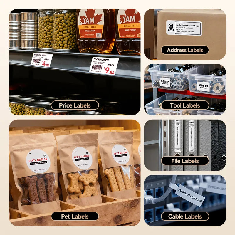 NIIMBOT B1 Pro label printer commercial application collage, including price labels, address labels, tool labels, pet food packaging labels, file labels and cable identification labels
