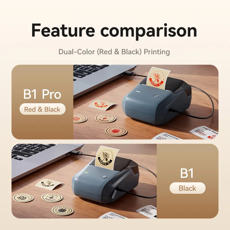 NIIMBOT B1 Pro vs B1 comparison banner, B1 Pro supports red & black dual-color printing while B1 only single black printing