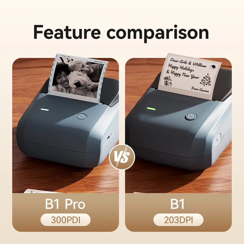 NIIMBOT B1 Pro vs B1 label printer feature comparison banner, B1 Pro 300DPI high resolution against B1 203DPI