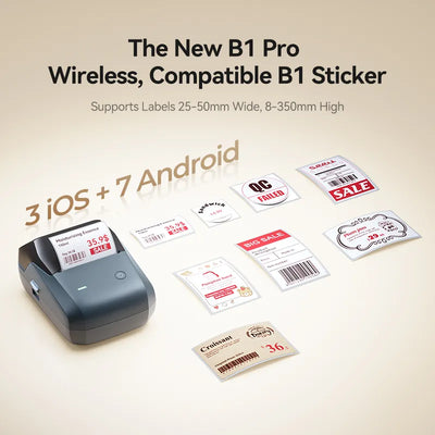 NIIMBOT B1 Pro wireless thermal label printer promotional banner, compatible with B1 stickers, supports 25-50mm width labels