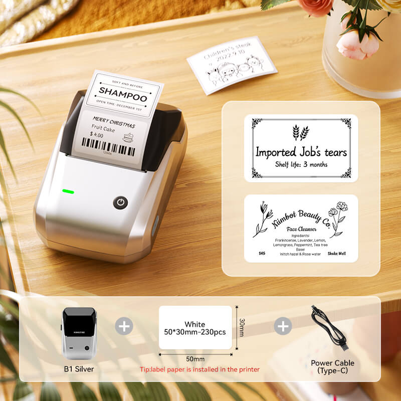 NIIMBOT B1 Silver Mini Bluetooth Thermal Label Printer Set, Includes 50*30mm Label Stickers and Type-C Charging Cable