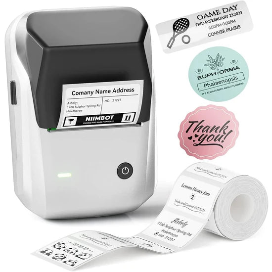 Niimbot B1 silver inkless thermal label printer with sample labels