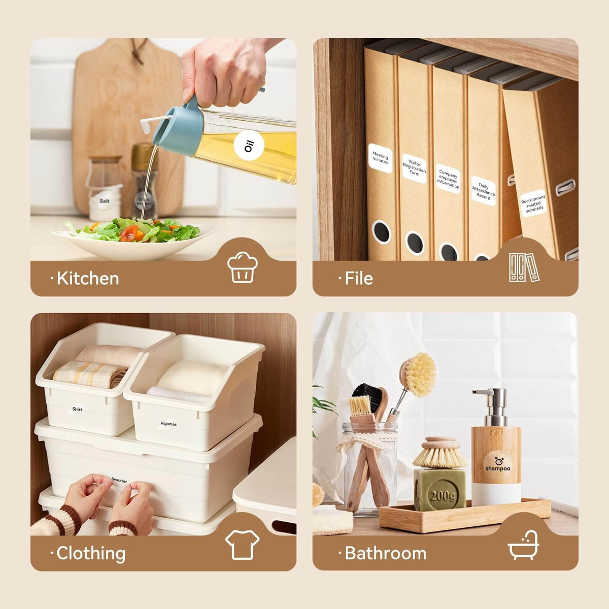 NIIMBOT clear transparent thermal labels multi-scene application for kitchen, file storage, closet organization and bathroom container marking