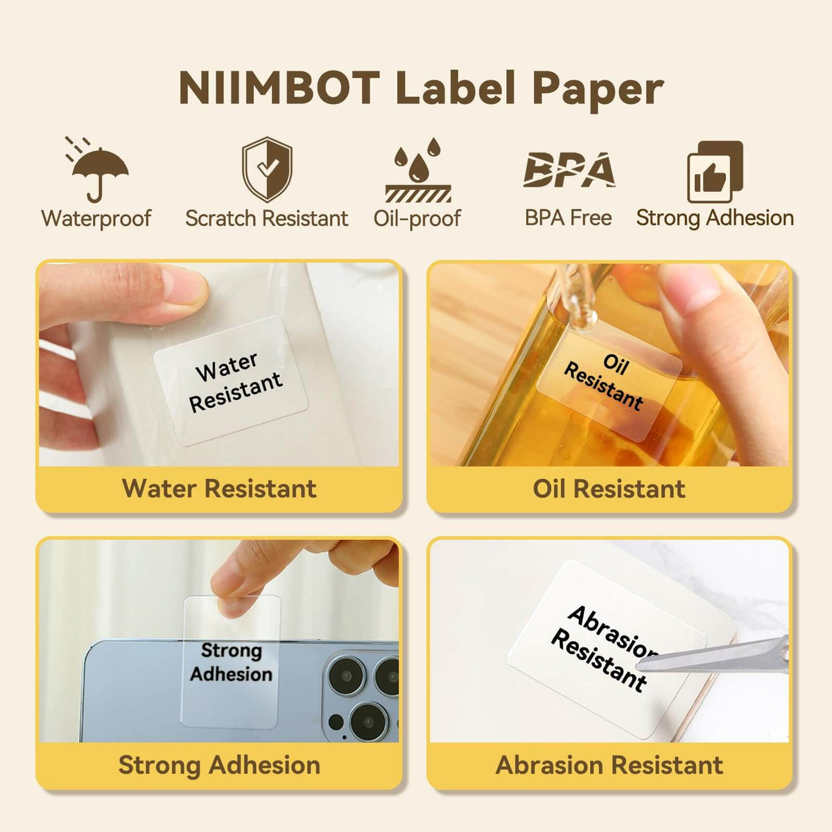 NIIMBOT clear thermal label paper features, waterproof, oil-proof, scratch resistant, BPA free and strong adhesion for B1 B21 B3S label maker