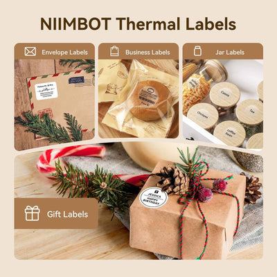 NIIMBOT clear thermal labels versatile uses as envelope labels, business product stickers, spice jar tags and holiday gift labels for label maker