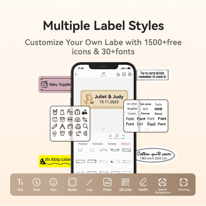 NIIMBOT D110 APP Multiple Label Styles with 1500+ Free Icons and 30+ Fonts for Custom Labels