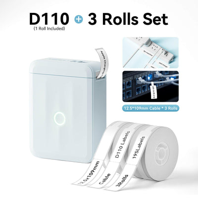 NIIMBOT D110 Blue Label Printer Bundle with 3 Rolls 12.5x109mm Cable Labels