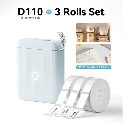 NIIMBOT D110 Blue Label Printer Bundle with 3 Rolls 12x22mm White Label Tape