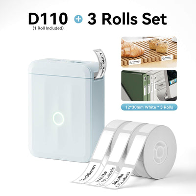 NIIMBOT D110 Blue Label Printer Bundle with 3 Rolls 12x30mm White Label Tape