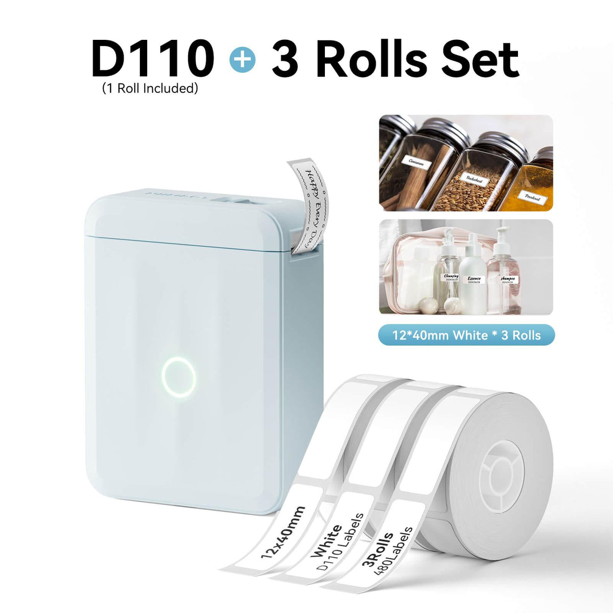 NIIMBOT D110 Blue Label Printer Bundle with 3 Rolls 12x40mm White Label Tape
