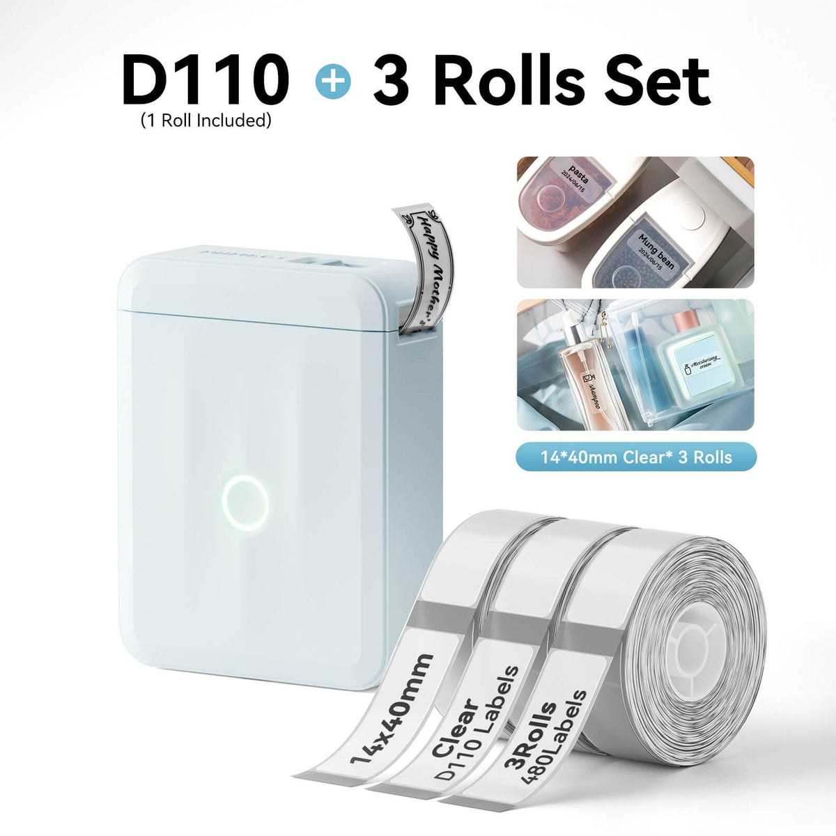 NIIMBOT D110 Blue Label Printer Bundle with 3 Rolls 14x40mm Clear Label Tape