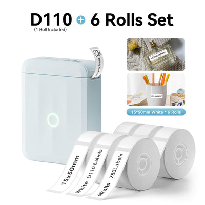 NIIMBOT D110 Blue Label Printer Bundle with 6 Rolls 15x50mm White Label Tape