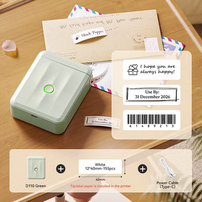 NIIMBOT D110 Green Label Printer Kit with 12x40mm White Label Tape and Type-C Cable