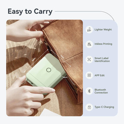 Compact green NIIMBOT D110 portable thermal label printer, lightweight pocket size with Bluetooth, inkless printing, APP editing and Type-C charging design