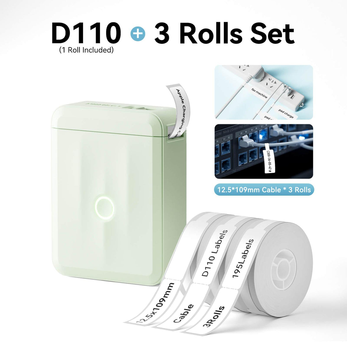 NIIMBOT D110 Green Label Printer Bundle with 3 Rolls 12.5x109mm Cable LabelsNIIMBOT D110 Green Label Printer Bundle with 3 Rolls 12.5x109mm Cable Labels