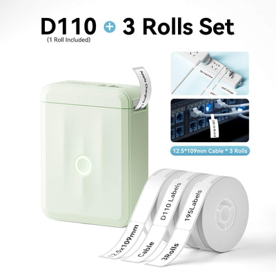NIIMBOT D110 Green Label Printer Bundle with 3 Rolls 12.5x109mm Cable LabelsNIIMBOT D110 Green Label Printer Bundle with 3 Rolls 12.5x109mm Cable Labels