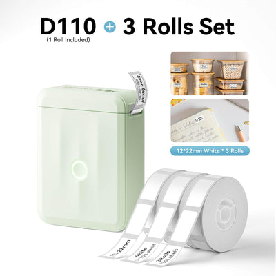NIIMBOT D110 Green Label Printer Bundle with 3 Rolls 12x22mm White Label Tape