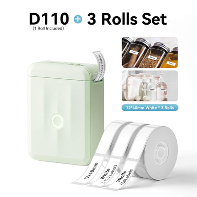 NIIMBOT D110 Green Label Printer Bundle with 3 Rolls 12x40mm White Label Tape