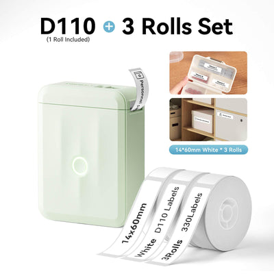 NIIMBOT D110 Green Label Printer Bundle with 3 Rolls 14x60mm White Label Tape