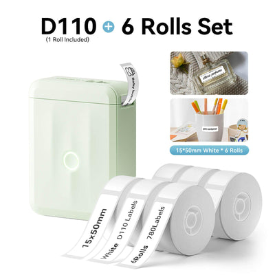 NIIMBOT D110 Green Label Printer Bundle with 6 Rolls 15x50mm White Label Tape