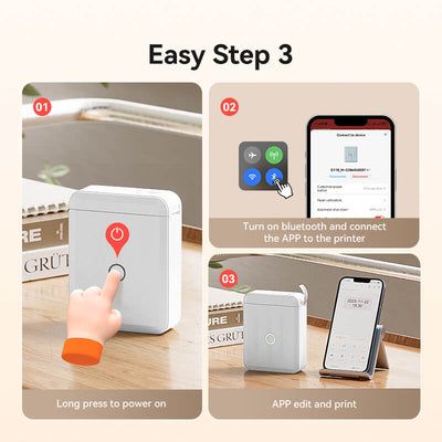 NIIMBOT D110 Operation Guide, 3 Easy Steps to Power On, Bluetooth Connect and Print via Mobile APP