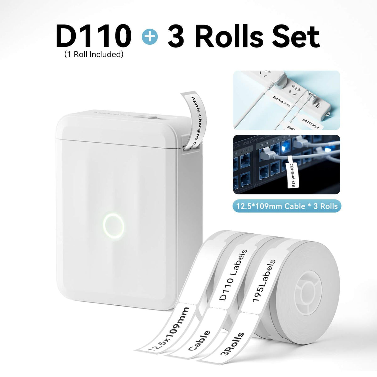 NIIMBOT D110 White Label Printer Bundle with 3 Rolls 12.5x109mm Cable Labels
