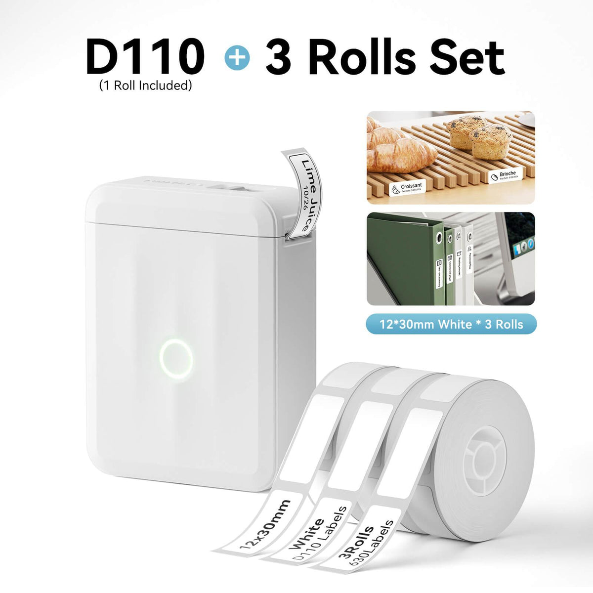 NIIMBOT D110 White Label Printer Bundle with 3 Rolls 12x30mm Label Tape