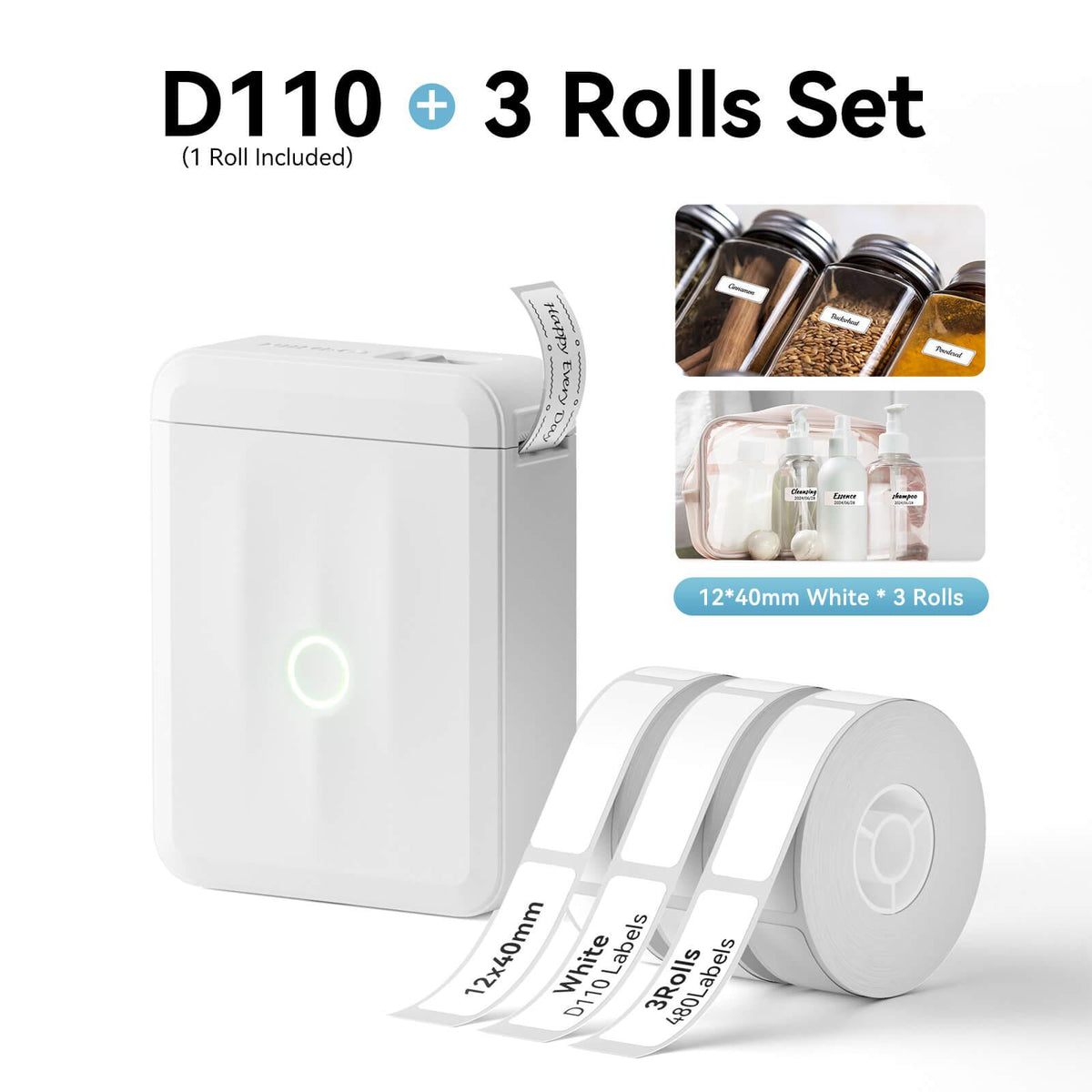 NIIMBOT D110 White Label Printer Bundle with 3 Rolls 12x40mm Label Tape