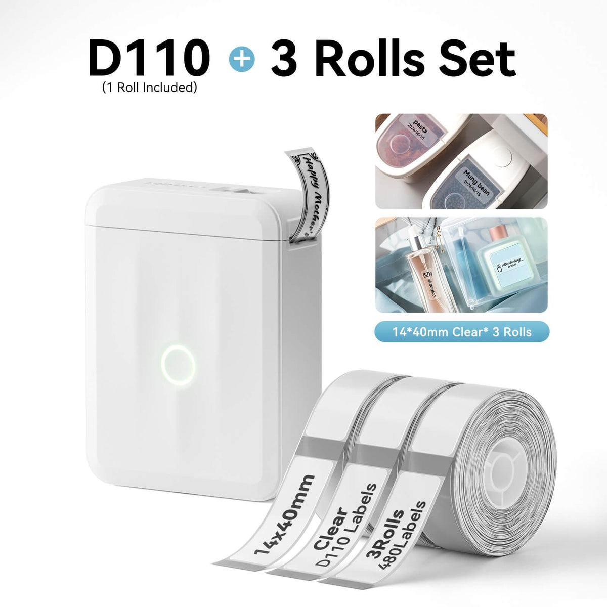 NIIMBOT D110 White Label Printer Bundle with 3 Rolls 14x40mm Clear Label Tape