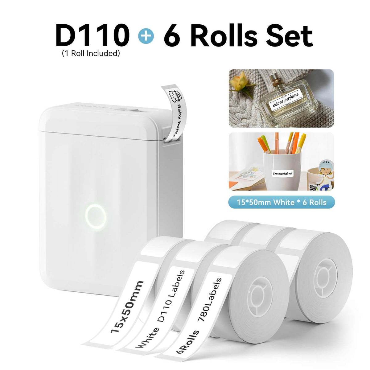 NIIMBOT D110 White Label Printer Bundle with 6 Rolls 15x50mm Label Tape