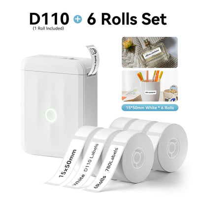 NIIMBOT D110 White Label Printer Bundle with 6 Rolls 15x50mm Label Tape