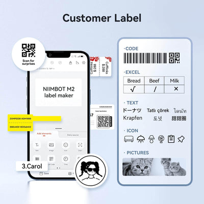 Niimbot M2 label maker mobile app supports custom labels with barcode, QR code, text, icons and pictures
