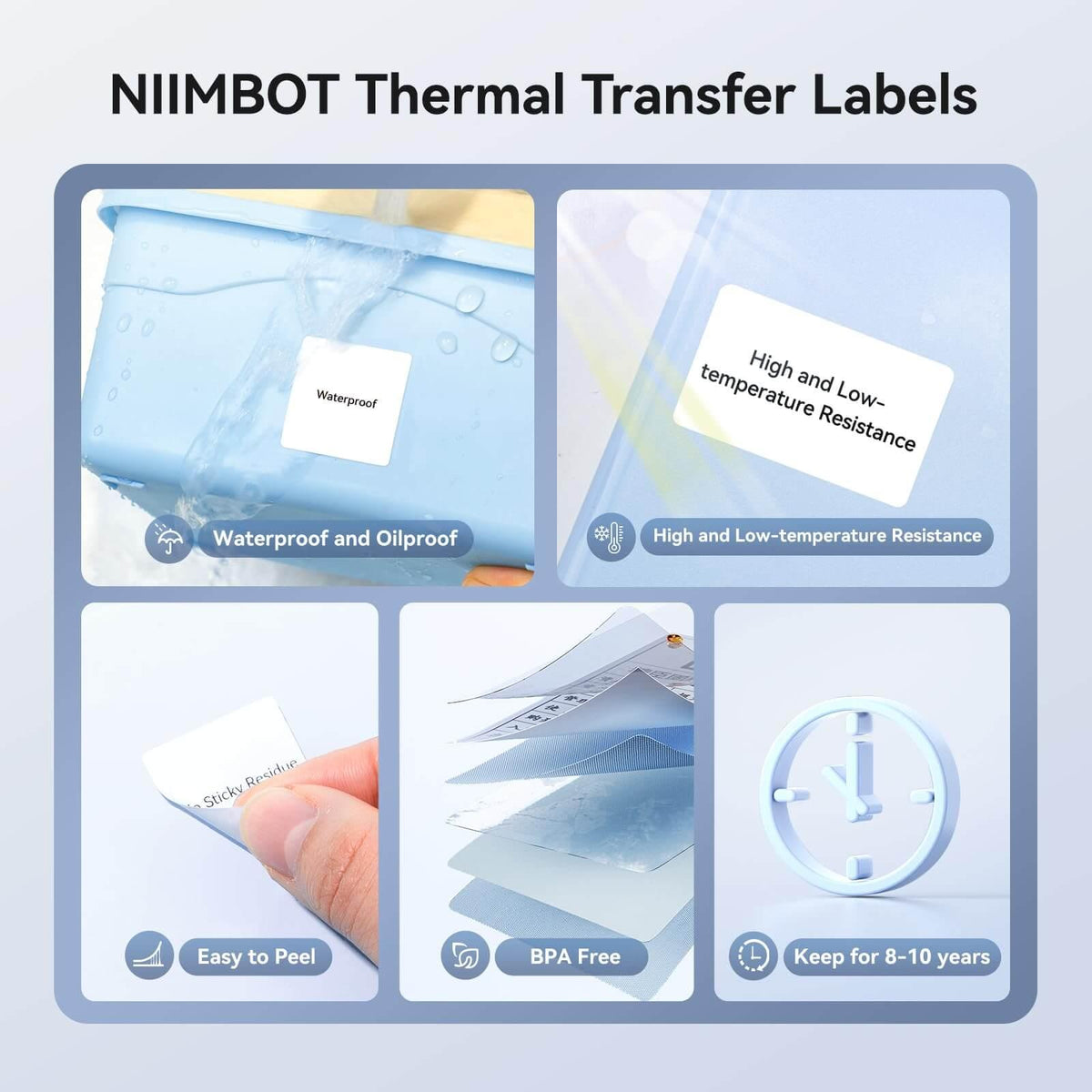 Niimbot thermal transfer labels features: waterproof, oilproof, temperature resistant, BPA free, easy peel, 8-10 years durability