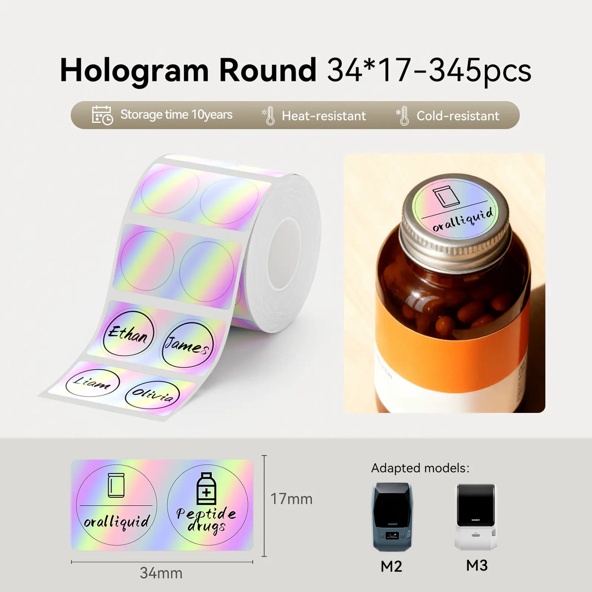 Oval 34×17mm hologram thermal labels 345pcs, heat & cold resistant bottle cap name stickers compatible with Niimbot M2 M3 label printer