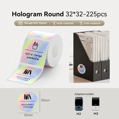 Round 32×32mm hologram thermal labels 225pcs, heat and cold resistant office file storage tags compatible with Niimbot M2 M3 label printer