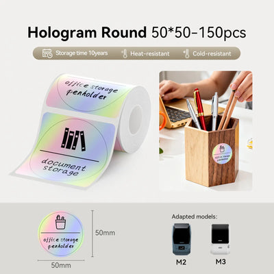 Round 50×50mm hologram thermal labels 150pcs, heat and cold resistant office storage stickers for Niimbot M2 M3 label maker
