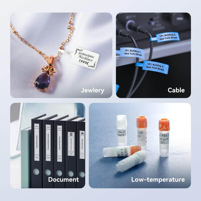 Thermal labels for jewelry tags, cable marking, document filing and laboratory low-temperature samples